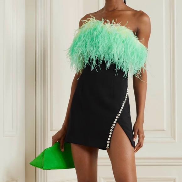Self-Portrait Dresses & Skirts - Self-Portrait Feather-trimmed crystal-embellished crepe mini dress